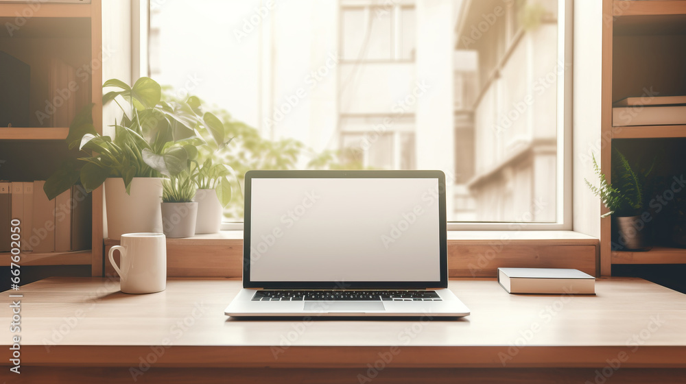 Closeup, Comfortable, minimal workspace interior design, opened laptop screen mockup on wood table near window Closeup, Comfortable, minimal workspace interior design, opened laptop screen mockup on wood table near window