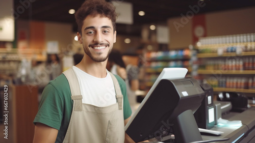 Portrait of a young caucasian cashier or clerk working in a supermarket or grocery store.