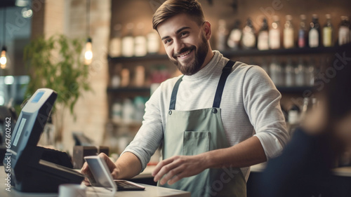Fototapeta Naklejka Na Ścianę i Meble -  Portrait of young male cashier, small business cafe cafeteria, atmospheric shot of cashier working in store.


