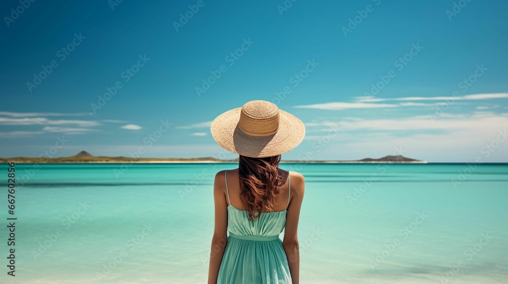 AI generated illustration of a woman wearing a straw hat, standing on the beach