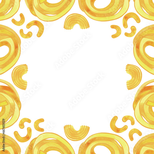 A square frame of different types of Italian pasta for designing menus, certificates and booklets, and advertising cafes. Isolated watercolor illustration. Clipart.