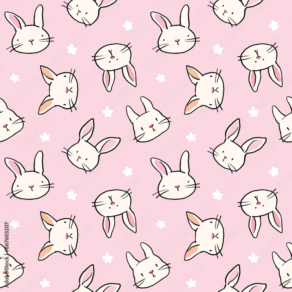 Seamless Pattern of Cute Cartoon Rabbit Face Design on Pink Background