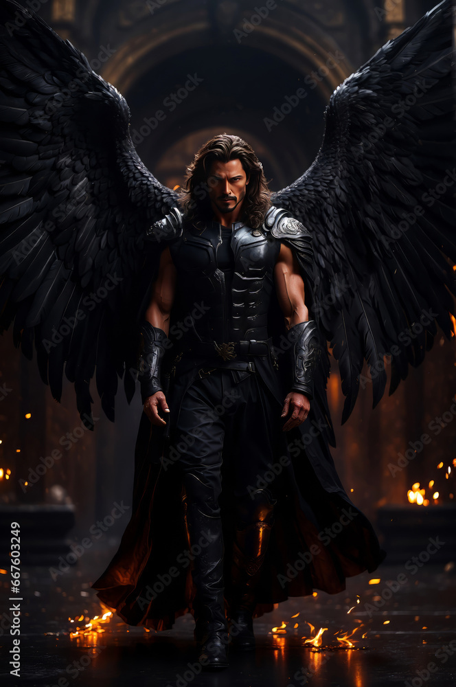 A dark male angel in an epic ancient castle