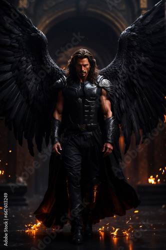 A dark male angel in an epic ancient castle