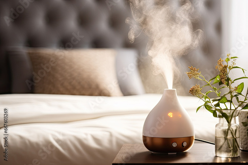 Modern humidifier and diffuser for home aromatherapy. Enjoy fragrant steam and improved air quality in your living room, bedroom. photo