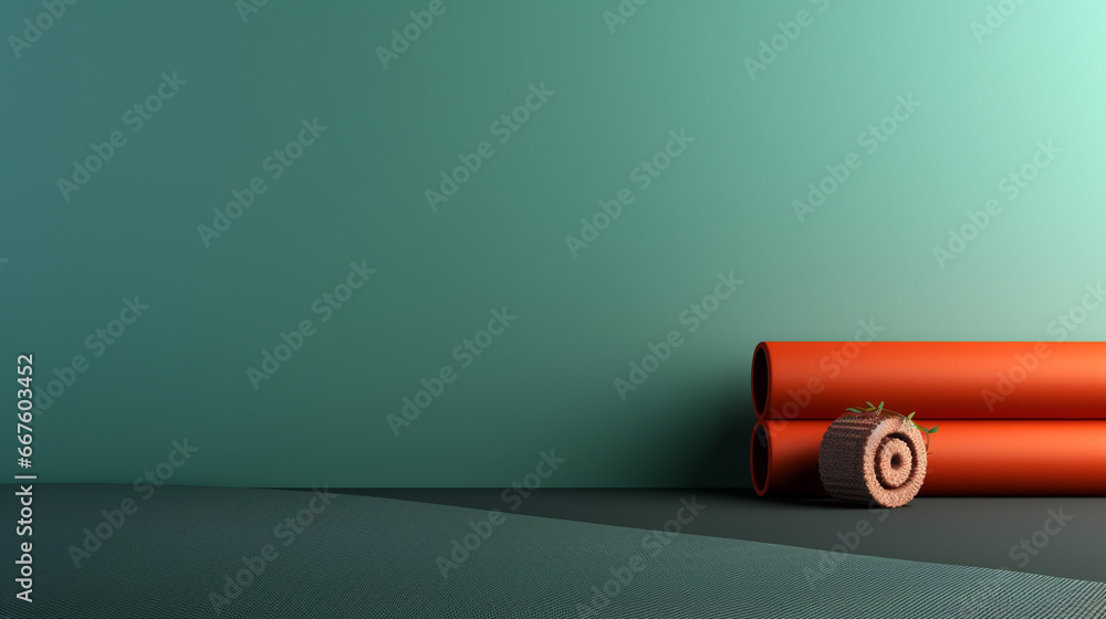 workout background for training at home or in studio or gym, minimalist female concept with yoga mat and green pastel wall - obrazy, fototapety, plakaty 