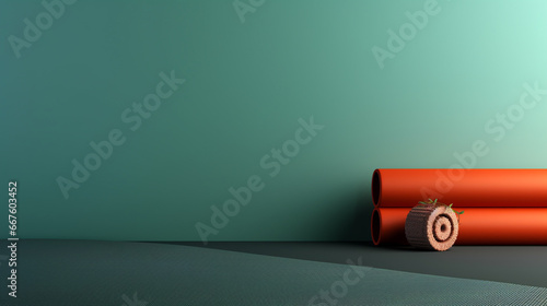 workout background for training at home or in studio or gym, minimalist female concept with yoga mat and green pastel wall photo