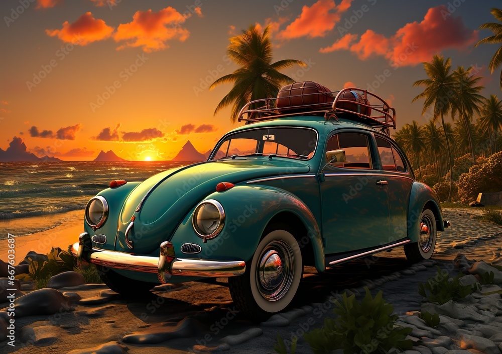 Travel, luxury car with luggage for relaxing on a tropical beach. sunset trip on palm beach, travel and summer holiday celebration
