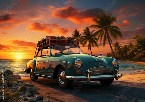 Travel, luxury car with luggage for relaxing on a tropical beach. sunset trip on palm beach, travel and summer holiday celebration  © Animager