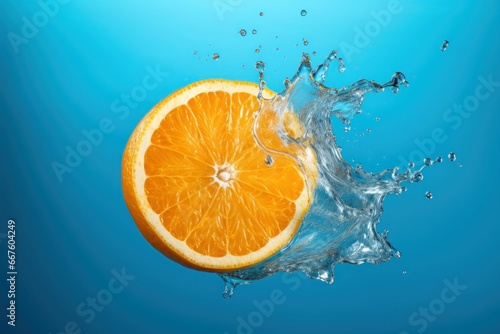an orange is flying up in the air and being hit by water