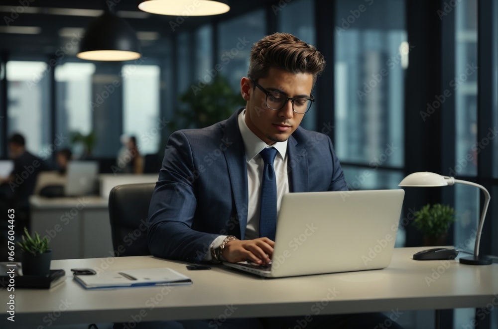 Young Businessman sitting in contemporary office working with laptop computer, business portrait.