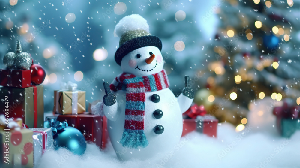 Cute Snowman in His Red Outfit For Merry Christmas Greeting Background Focus on Foreground Cute Snowman in His Red Outfit For Merry Christmas Greeting Background Focus on Foreground