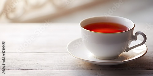 Morning serenity. Closeup of hot red tea cup on wooden table. Healthful start. Herbal for fresh. Time elegance. White porcelain teacup on black saucer photo