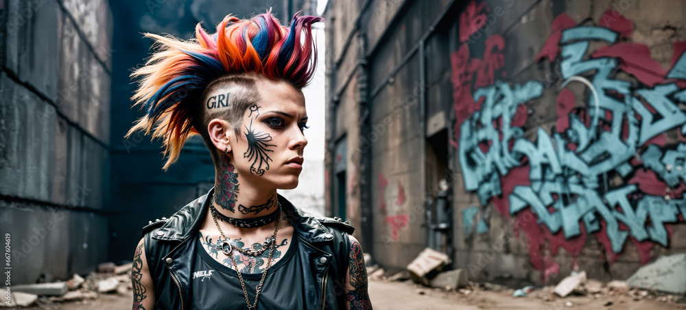 Fototapeta premium A Punk Woman with Mohawk Hair and Piercings Strolling Through a Ruined Alleyway.