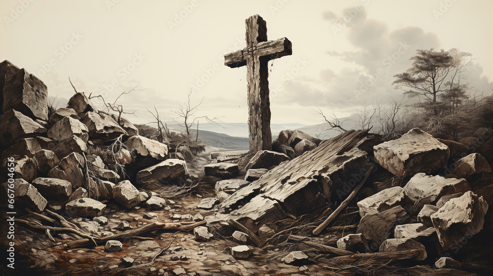 Christian Cross Mountain Top Grunge Black and White Background - obrazy, fototapety, plakaty 