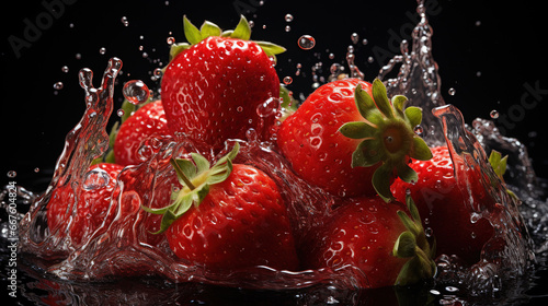 Water Splashing on Group of Delicious Fresh Red Strawberries Background Selective