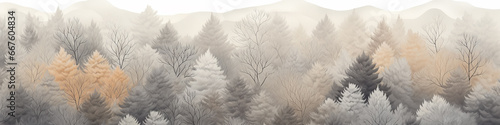 soft color panorama autumn forest landscape, narrow drawing for website design in pastel tinted light