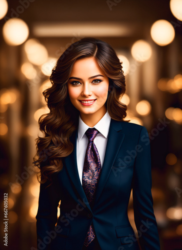 Portrait of a beautiful young business woman in a suit on a blurred background. © Anton Dios
