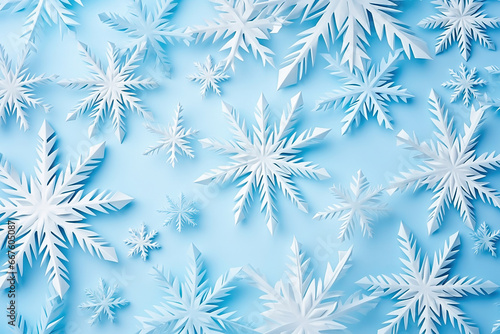 Beautiful white paper cut out snowflakes on a blue background.