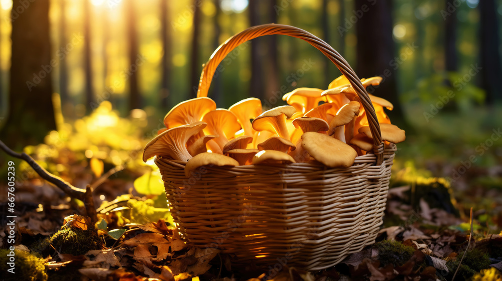 Chanterelle mushrooms in a wooden basket on the blurred forest background. Generative AI Chanterelle mushrooms in a wooden basket on the blurred forest background. Generative AI