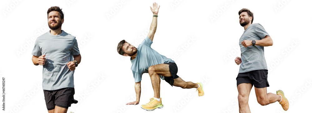 Runner male athlete fitness exercises plank warm-up, active and healthy lifestyle. Motivation for sports. Transparent isolated background. - obrazy, fototapety, plakaty 