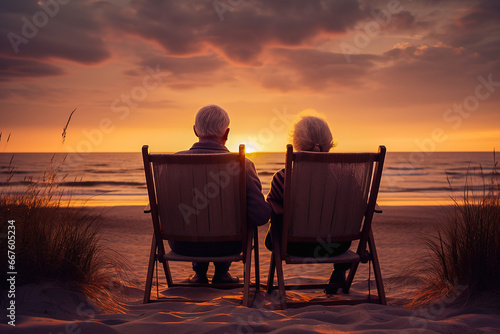Happy retired couple relaxing on sun loungers near the seashore at sunset.