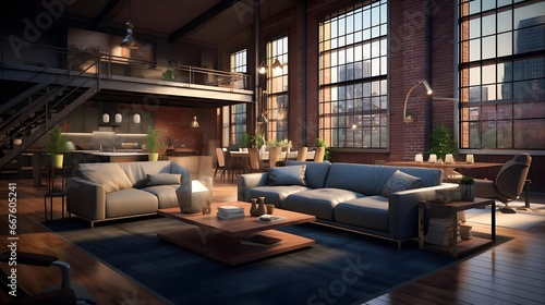 Panorama of modern living room in loft style, 3d render
