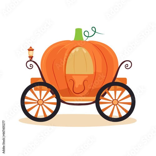  fairytale carriage in the from of a pumpkin on a white background, with a lantern 