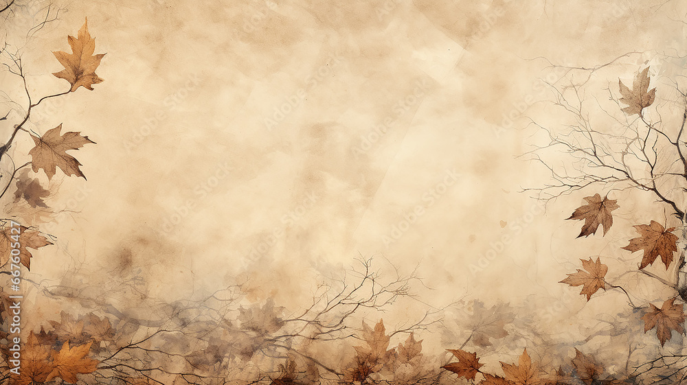 background with copy space, ancient parchment paper, with a frame of ornaments of autumn branches and leaves, autumn blank background with copy space, ancient parchment paper, with a frame of ornaments of autumn branches and leaves, autumn blank