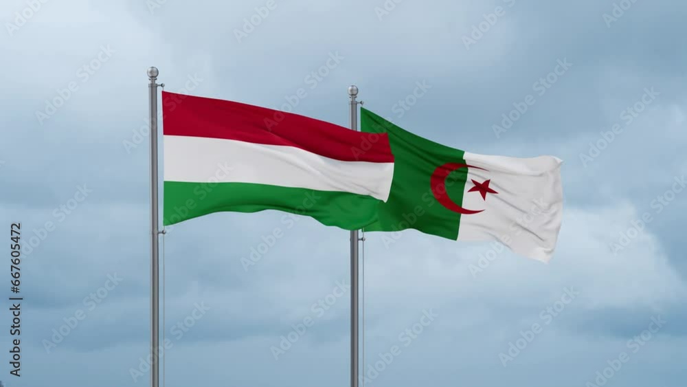 Hungary flag and Algeria flag waving together on cloudy sky, endless seamless loop Hungary flag and Algeria flag waving together on cloudy sky, endless seamless loop