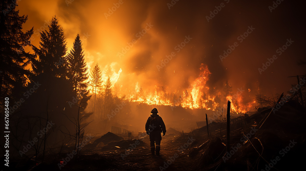 firefighter on the background of a forest fire view from the back firefighter on the background of a forest fire view from the back