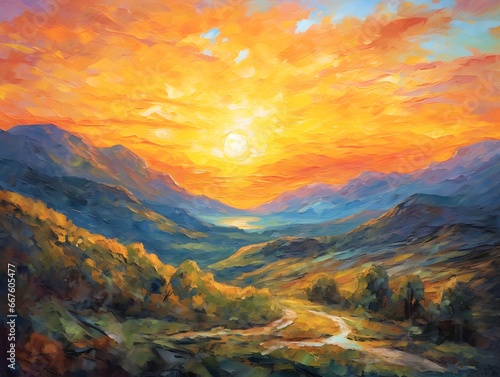 Digital painting of mountain landscape at sunset. Panoramic view.