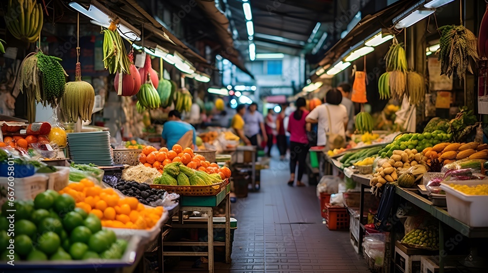 Panoramic image of a fruit market in Bangkok, Thailand.