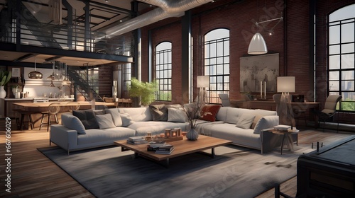 Panorama of living room in loft style with sofa and coffee table © Michelle