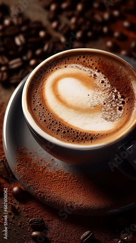 Close-up photo of a cup of coffee with milk and cinnamon