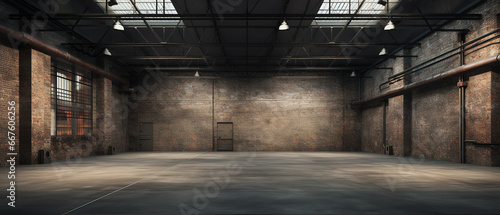 Industrial loft style empty old warehouse interior,brick wall,concrete floor photo