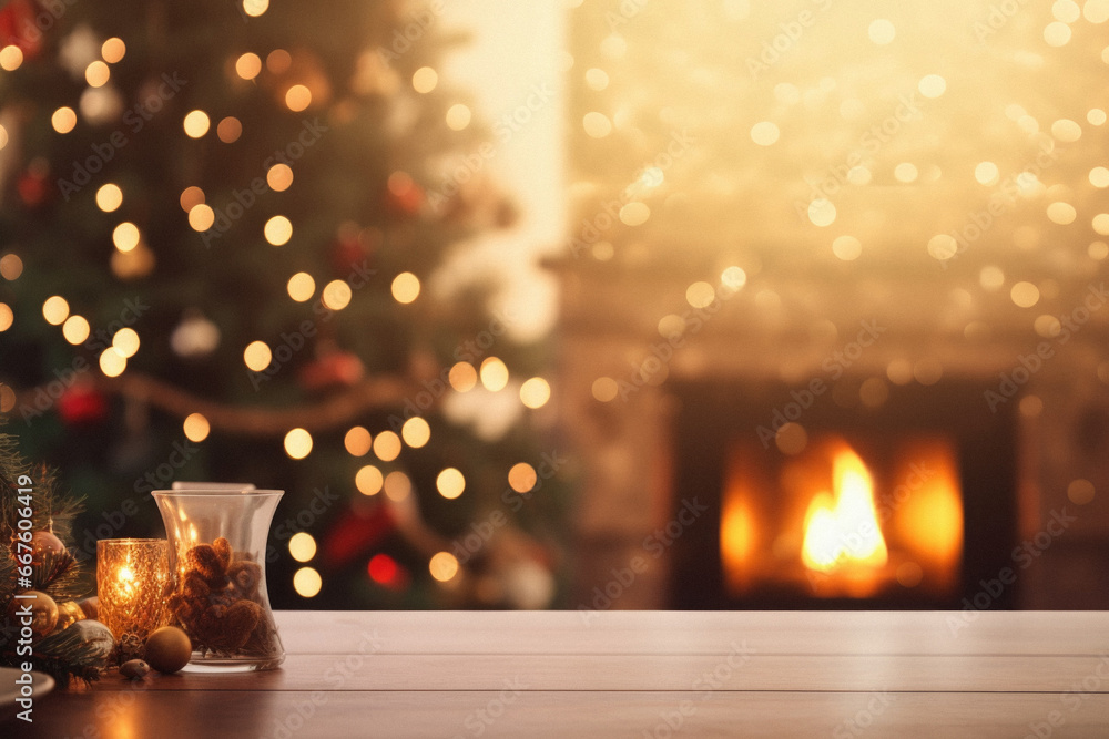 Wooden table with burning candle Christmas tree on background. Space for text. - obrazy, fototapety, plakaty 