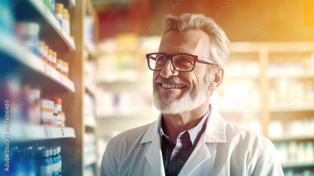 Courteous smiling male pharmacist in white coat assists clients in pharmacy providing advice and help with medications, knowledgeable pharmacist care of customers health Courteous smiling male pharmacist in white coat assists clients in pharmacy providing advice and help with medications, knowledgeable pharmacist care of customers health