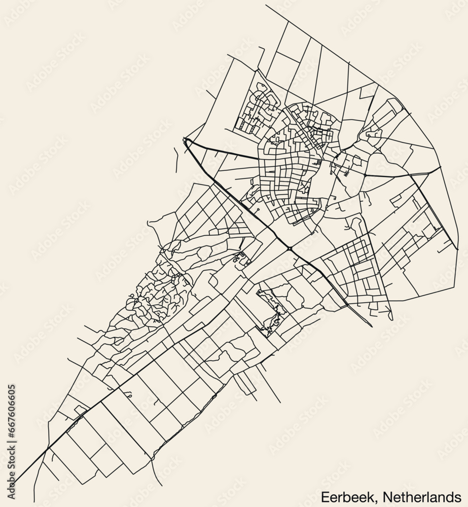 Detailed hand-drawn navigational urban street roads map of the Dutch city of EERBEEK, NETHERLANDS with solid road lines and name tag on vintage background