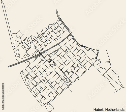 Detailed hand-drawn navigational urban street roads map of the Dutch city of HATERT, NETHERLANDS with solid road lines and name tag on vintage background