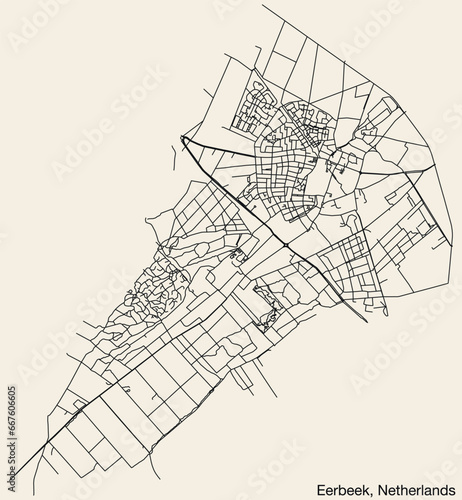 Detailed hand-drawn navigational urban street roads map of the Dutch city of EERBEEK, NETHERLANDS with solid road lines and name tag on vintage background