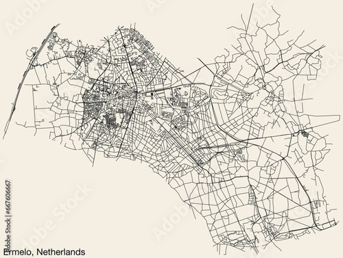 Detailed hand-drawn navigational urban street roads map of the Dutch city of ERMELO, NETHERLANDS with solid road lines and name tag on vintage background