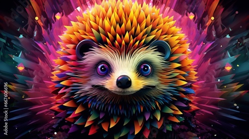 Happy psychedelic hedgehog face portrait in vivid multicolored colors symbolizes lively and vibrant nature of hedgehog, beauty in small creatures of natural world