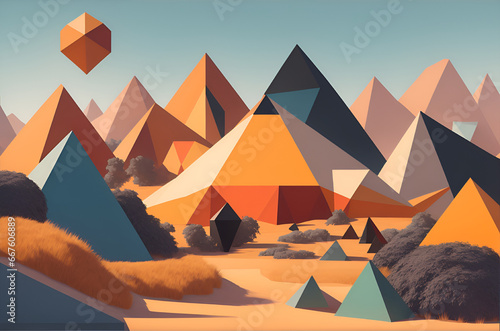 Geometric mountain range, A colorful, abstract landscape of geometric shapes. The mountains are made up of a variety of shapes and sizes, and the colors are vibrant and eye-catching