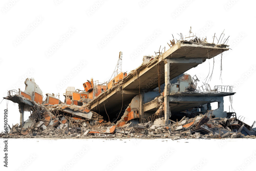 Wrecked Building Panorama with Concrete Debris and Huge Beam - obrazy, fototapety, plakaty 