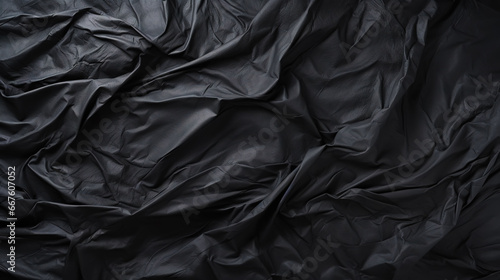 Black crumpled paper texture. Blank dark background with creases. Generative AI