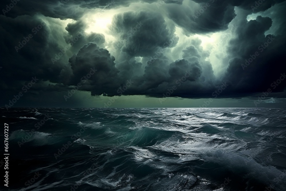 Thunderstorm over dark ocean. Generative AI