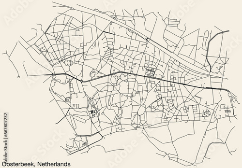 Detailed hand-drawn navigational urban street roads map of the Dutch city of OOSTERBEEK, NETHERLANDS with solid road lines and name tag on vintage background