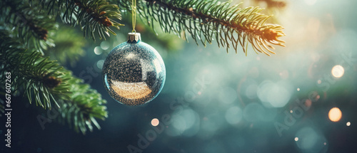 Christmas and New Year background. Decorated Christmas tree bauble on bokeh background. photo