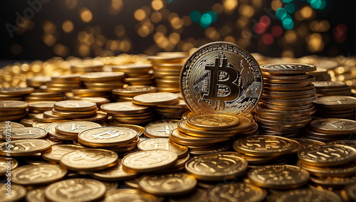 A magnificent Bitcoin coin at the top of a mountain of various crypto coins